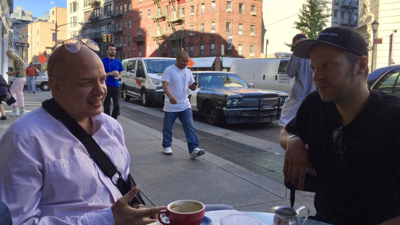 Arne's Antics Coffee in Manhattan with Cannonball Legend Alex Roy before the 2016 C2C Express in the Bluesmobile